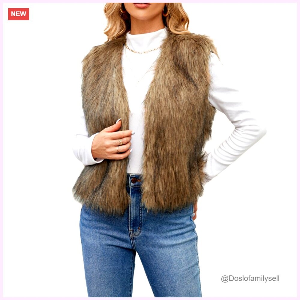 Women's Faux Fur Vest Sleeveless Open Front Winter Warm Fuzzy Jacket